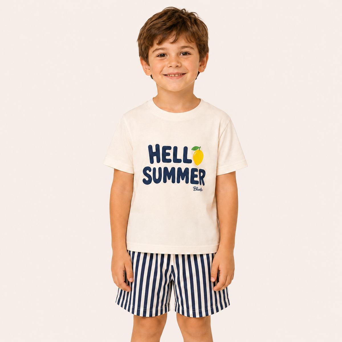 Conjunto Infantil Camiseta Hello Summer Camiseta e Short Listra Marinho